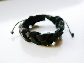 Black Leather Bracelet Wrapped with Green Threads