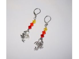 Handmade dragonfire earrings, dragon charm and Czech crystals in red, orange &yellow