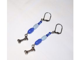 Handmade blue earrings, dog bone charm and blue cat