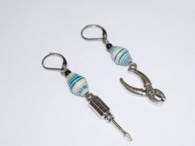 Handmade tool earrings, mismatched aqua & white paper bead, black riverstone bead, screwdriver charm, pliers charm