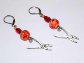 Handmade pliers earrings, red and orange beads, pliers charm