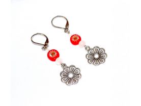 Handmade flower earrings, red millefiori coin bead, translucent white beads, flower charm