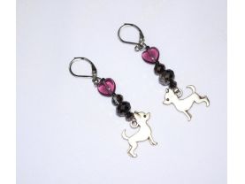 Chihuahua earrings with purple heart & grey rainbow crystals