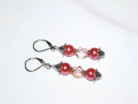 Handmade coral pink earrings with fire polished Czech crystal and glass pearl beads