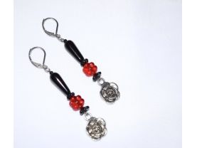 Handmade rose earrings with red and black beads
