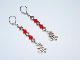 Puppy dog earrings with antiqued silver hearts and red crystals