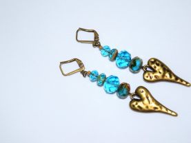Handmade aqua heart earrings: antique bronze hearts topped with sparkling aqua Czech crystals