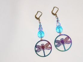 Handmade dragonfly earrings: electroplated rainbow dragonfly charm topped by aqua and purple Czech crystals