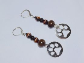 Handmade pawprint earrings: antiqued silver paw print charm topped by brown, black and vintage beads