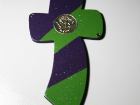 Handmade Green and Purple Wooden Cross with Little Angel