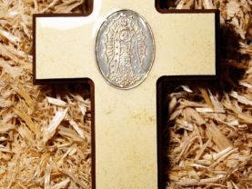 Handmade Beige Wooden Cross with Virgin Mary