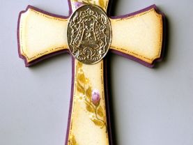 Handmade Purple/Yellow Wooden Cross, Polyester finish and Artistic resin