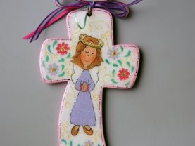Handmade Wooden Cross with little angel and flowers hand painted