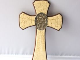 Vintage Looking Wooden Cross with Virgin Mary