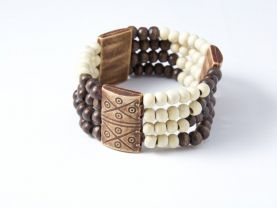 Stretchable Brown and White Beaded Bracelet with Tribal Accents