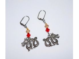 Handmade dragon earrings, dragon charm & Swarovski crystals in red and pale bronze