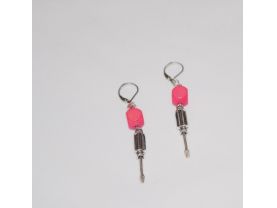 Handmade screwdriver earrings, vinatge pink wood cube, E bead, screwdriver charm