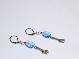 Handmade wrench earrings, blue crystal drum bead, black luster bead, crescent wrench charm
