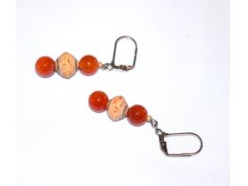 Handmade orange earrings, fire agate beads, tan paper beads