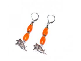Cat earrings, vintage orange wood and glass beads with humorous cat charm