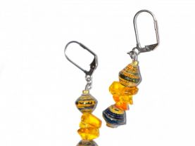 Handmade yellow earrings, mismatched, yellow glass chips, yellow and navy rolled paper beads