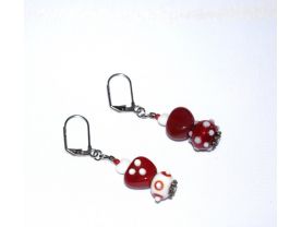Handmade cranberry and white earrings, mismatched lampworked heart and round beads, white glass heart