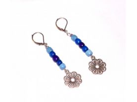 Handmade flower earrings, blue wood beads, flower drop charm