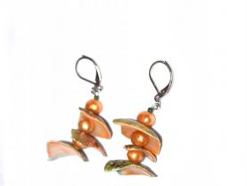 Handmade apricot pearl earrings, apricot pearl potato beads, green and apricot shell pieces