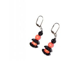 Handmade coral earrings, coral wood beads, black glass beads