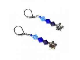 Handmade blue flower earrings, blue and purple faceted crystals, antiqued silver flower bead