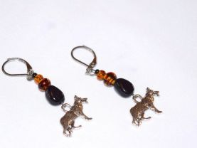 Handmade GSD earrings, tortoise shell  and amber glass beads, black glass teardrop, German Shepherd Dog charm