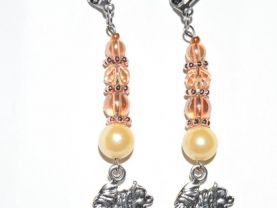 Pomeranian earrings with peach crystals & ivory glass pearl bead