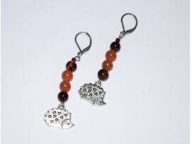 Hedgehog earrings with red tigers eye and red aventurine beads, hedgehog charm