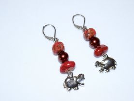 Handmade hippo earrings with red and pink jasper, funny hippo charm and dark red glass pearl bead