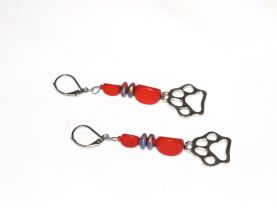 Handmade pawprint earrings with red wood and glass beads