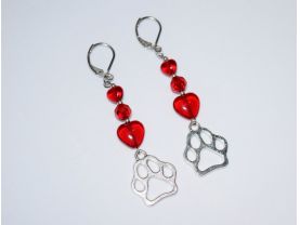 Pawprint earrings with sparkling red heart and crystal beads
