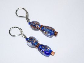 Blue and cooper earrings, lampworked beads with copper flower spacer and cube beads