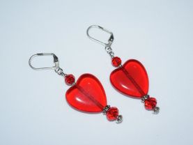 Red heart earrings with Czech pressed glass and crystal beads