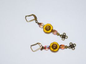 Yellow flower earrings with bronze rainbow crystals