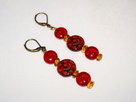 Red earrings: vintage red glass beads with Czech amber colored triangle beads