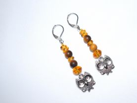 Owl earrings, owl charm topped by tigers eye and amber colore3d Czech beads