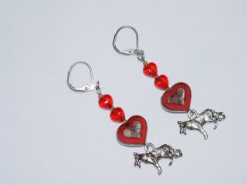 Red dog & heart earrings: GSD charm topped by red hearts