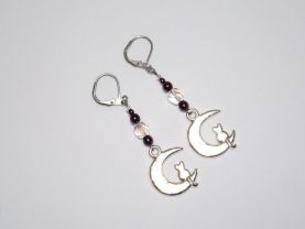 Handmade cat and moon earrings: antique silver cat on crescent moon charm with purple glass pearls and Czech crystal