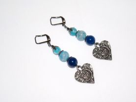 Handmade heart earrings: gunmetal heart charms topped by blue striped agate beads