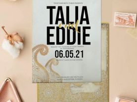 Gold Off-White Shimmery Paisley Themed - Screen Printed Wedding Invitation